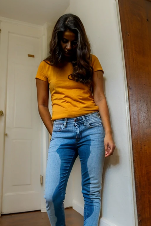 photo, woman, indian, ((peeing self)), standing, skinny jeans, worried, hand between legs, looking at camera, inside <lora:CombinedPeeingSelf-08:1>