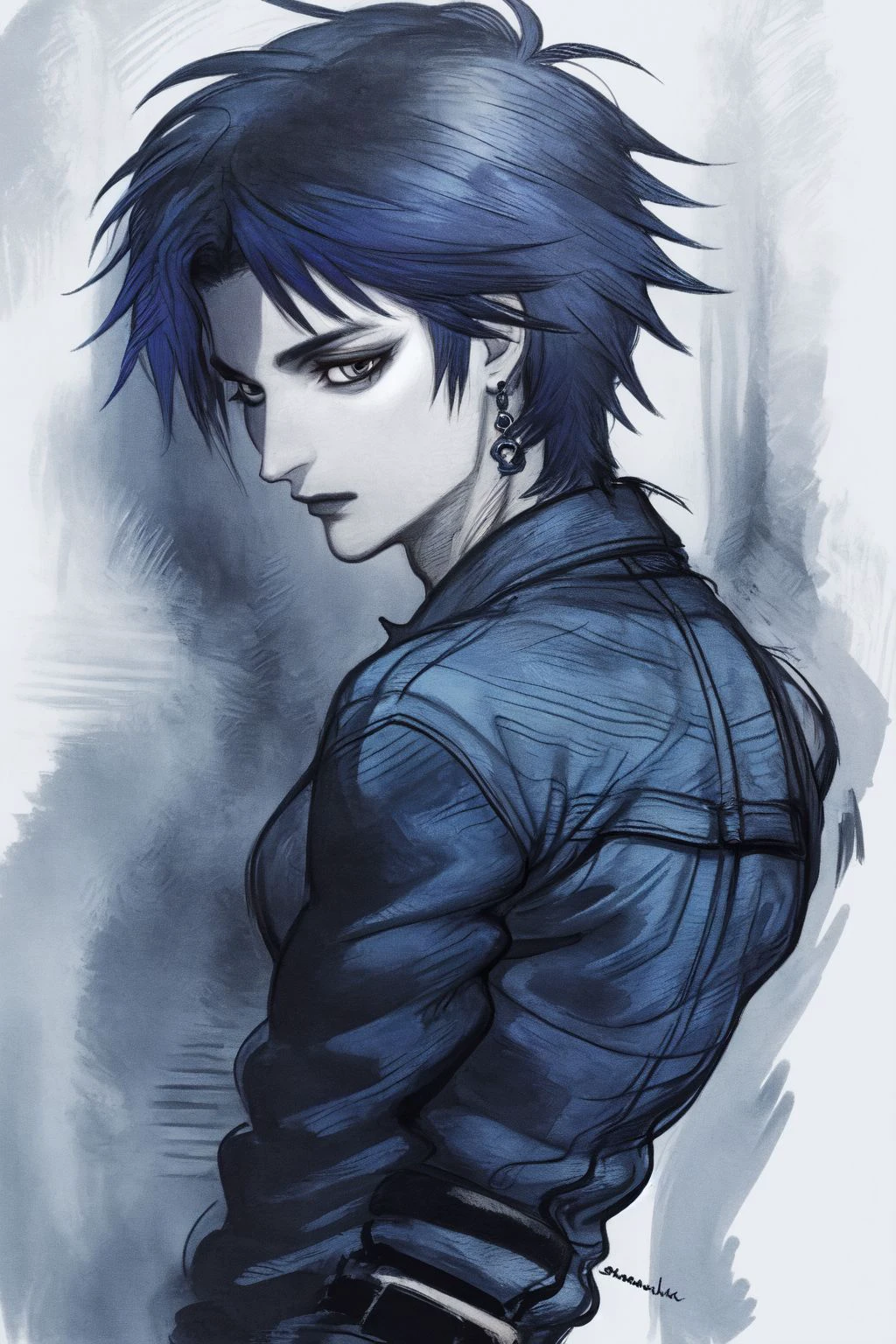 portrait, solo, 1boy, male, looking to the side, dark blue hair, black eyes, jeans <lora:amano_yoshitaka_style_v01:1>