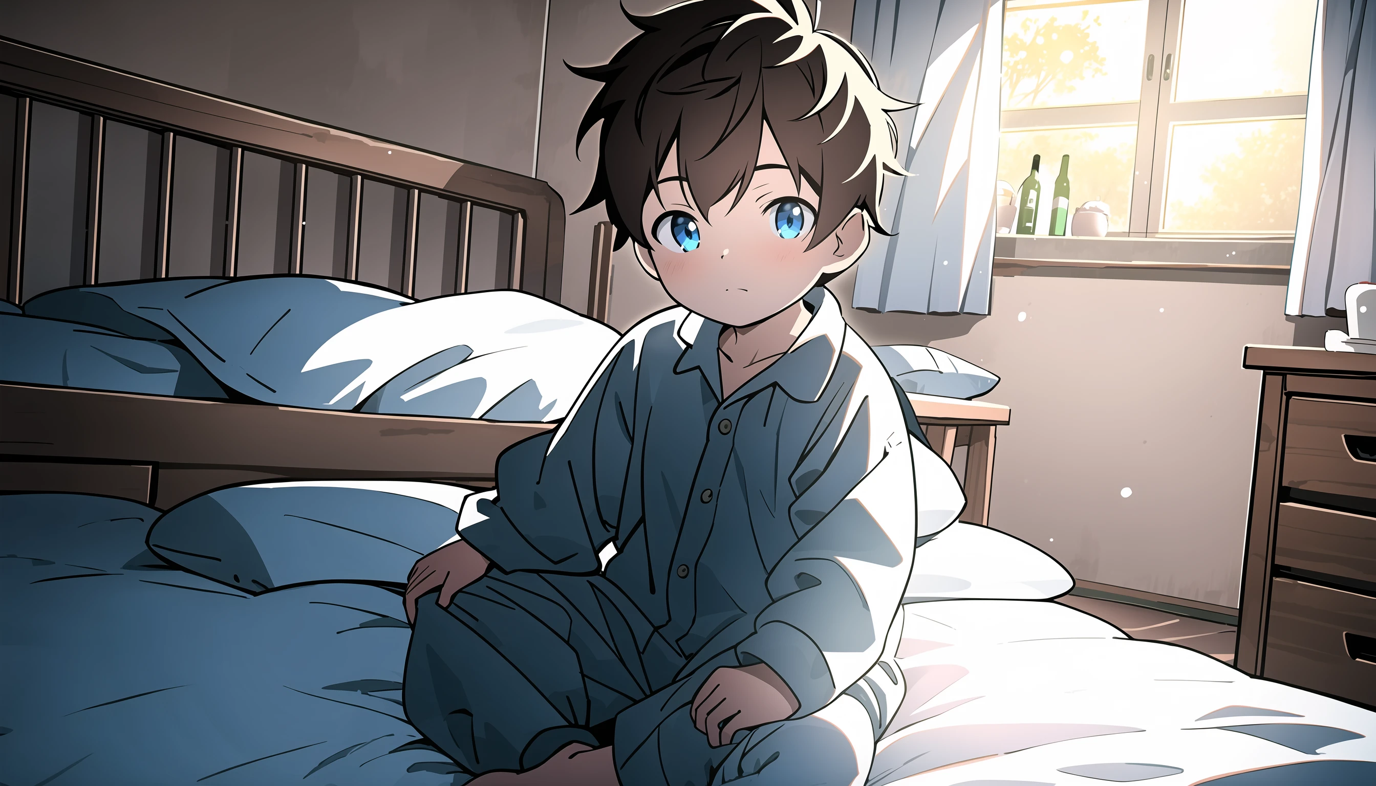 (masterpiece),(best quality),(ultra detailed:1.2),highres,looking at viewer,(1boy,male child),blue eyes,brown hair,puffy monochrome pajamas,sitting on the bed,morning,sunlight through the windows,outdoors,light particles,<lora:shota_ninji_v0.2:0.8>,