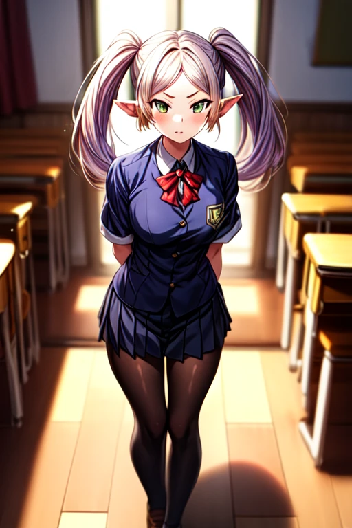 best quality,masterpiece,
ffl\(frieren\),1girl,solo,pointy ears,long_twintails,cold_eyes,short eyebrows,student uniforms,fullbody,