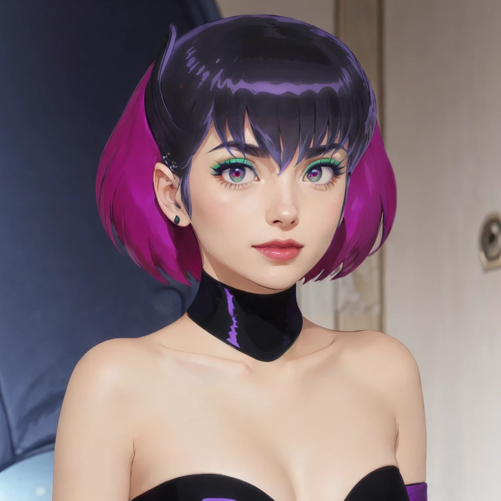 <lora:Kurama013:0.7>,<lora:add_detail:0.5>,<lora:boldline:-0.8>,<lora:noline:0.3>,
looking at viewer,smile,parted lips,
amaruK,1girl,
short hair,multicolored hair,two-tone hair,purple hair,black hair,colored inner hair,pink hair,hair between eyes,bangs,
makeup,eyeshadow,eyelashes,eyeliner,multicolored eyes,purple eyes,pink eyes,lipstick,
black choker,
strapless,black leotard,bare shoulders,collarbone,cleavage,navel,