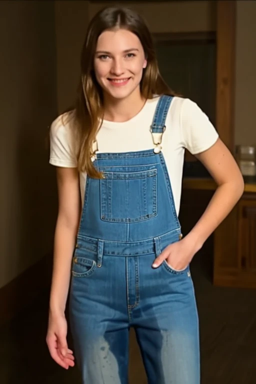 still from a movie, cinematic, 1girl, woman, ((pee stain, peeing self)), (pee), standing, smile, overalls, looking at camera, inside <lora:PeeingThemselfV2_0:0.7> <lora:Real_Wetting_Self:0.7>