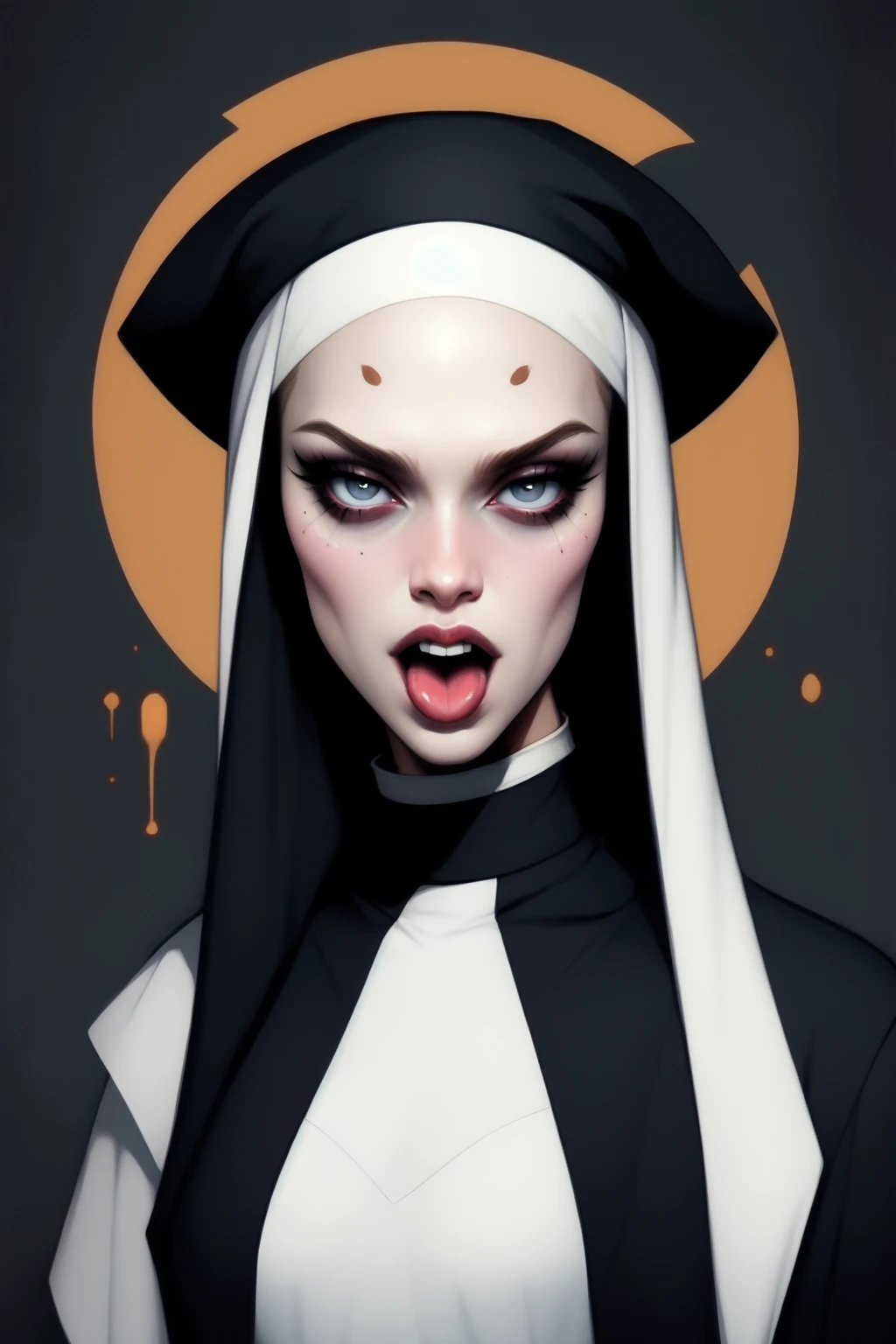 blond woman with black hat and white dress making face with tongue, disco elysium art, ( ( ( horror art ) ) ), attractive character, plague and fever. full body, old skin, southern gothic art, izombie, open wide eyes, nun, newsboy cap, photorealiste, sfw version, discord profile picture, transformation portrait, dirty skin, speedpainting <lora:LFI (luxury fashion illustration) :1>