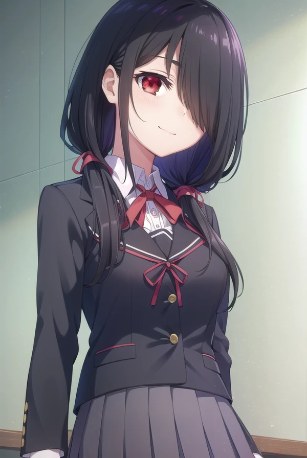 kurumitokisaki, <lora:kurumi tokisaki s2-lora-nochekaiser:1>,
kurumi tokisaki school uniform, (tokisaki kurumi:1.2), long hair, skirt, black hair, (red eyes:1.3), long sleeves, ribbon, school uniform, jacket, pleated skirt, bag, (hair over one eye:1.5), blue skirt, blazer, school bag, black blazer, smile,
BREAK ,
BREAK indoors, classroom,
BREAK looking at viewer, (cowboy shot:1.5),
BREAK <lyco:GoodHands-beta2:1>, (masterpiece:1.2), best quality, high resolution, unity 8k wallpaper, (illustration:0.8), (beautiful detailed eyes:1.6), extremely detailed face, perfect lighting, extremely detailed CG, (perfect hands, perfect anatomy),