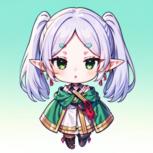 best quality,masterpiece,ffl\(frieren\),1girl,solo,pointy ears,long_twintails,cold_eyes,short eyebrows,gray hair,Green Eyes,fullbody,chibi:1.4,fullbody,