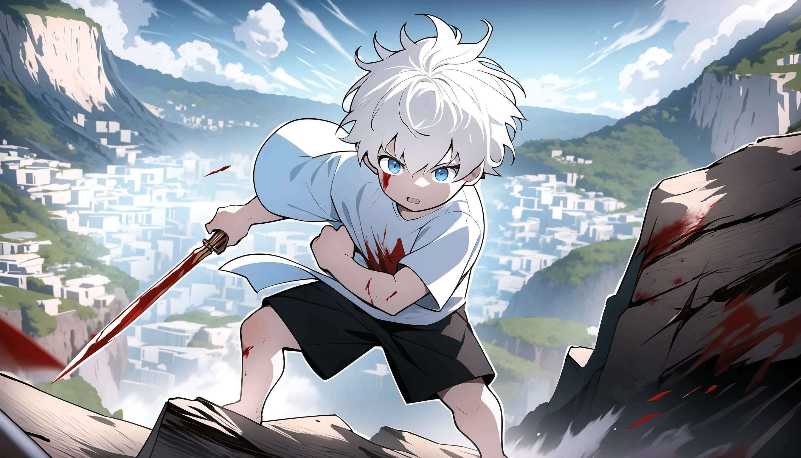 (masterpiece),(best quality),(ultra detailed),highres,looking at viewer,(1boy,male child),full body,shirt,shorts,blood,fighting stance,blue eyes,white hair,on the cliff,outdoors,<lora:shota_ninji_v0.2:0.8>,