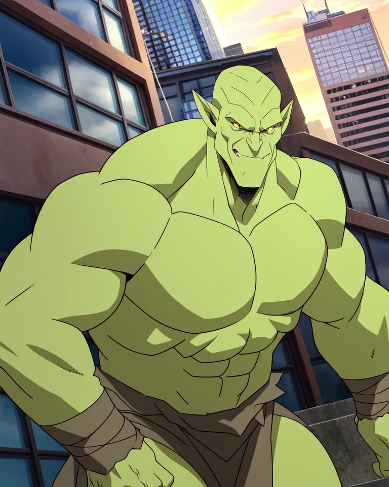 MonsB,yellow eyes,bald,muscular,pointy ears,green skin,
topless male,loincloth,
smirk,standing,
city,morning,
(insanely detailed, beautiful detailed face,beautiful detailed eyes, masterpiece, best quality),solo,<lora:Monster:0.8>,
