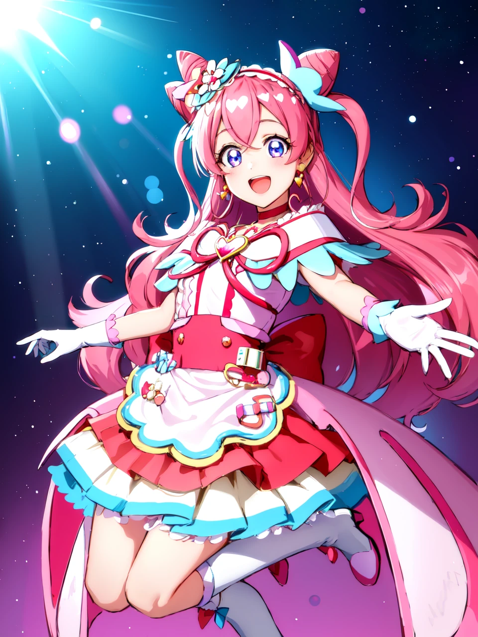 masterpiece, best quality, looking at viewer, depth of field, full body, open mouth,
1girl, <lora:locon_cure_precious_03:0.8>, cure precious, two side up, cone hair bun, large hair ribbon, hairband, heart brooch, waist apron, white gloves, white boots, earrings,
smile, (gradient background), lens flare,