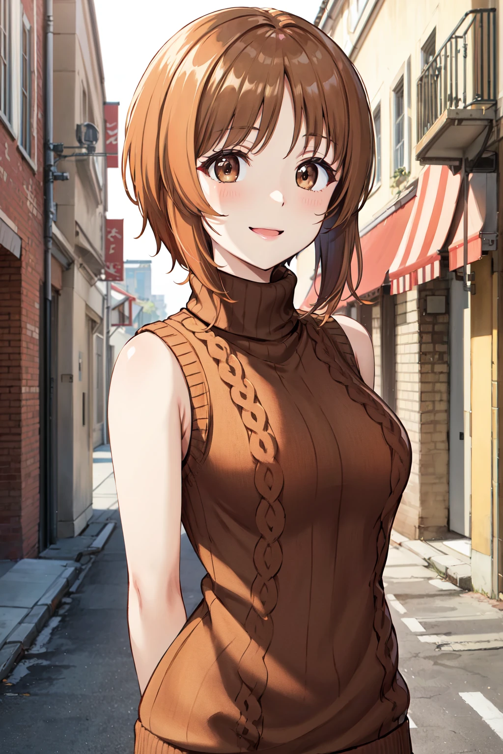 masterpiece,best quality,highres,ultra-detailed,aamiho,1girl,brown eyes,brown hair,orange hair,short hair,<lora:nishizumi_miho:0.8>,(long sweater:1.4),turtleneck,sleeveless,street,smile,standing,arms_behind_back,