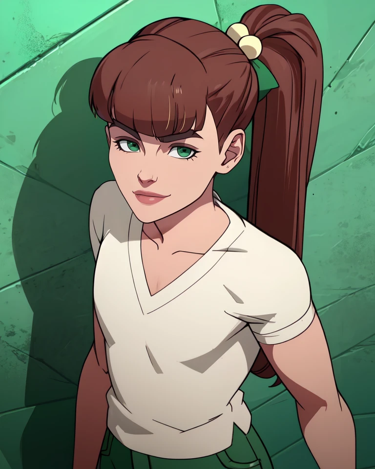 monsg,ponytail,bangs,hair bobbles,green eyes,
white large shirt,green pants,flat chest,
standing,upper body,smirk,
white walls,
(insanely detailed, beautiful detailed face,beautiful detailed eyes, masterpiece, best quality),<lora:MonsterGirl-10IV2:0.8>,