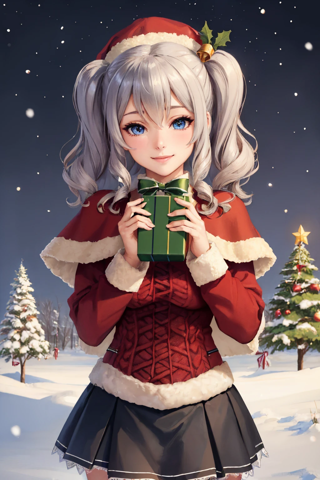 (masterpiece, best quality:1.2), snowing, solo, 1girl, kashimachristmas, smile, looking at viewer, holding, gift, gift box, twintails, hair bell, santa hat, red sweater, cable knit, capelet, skirt <lora:kancolle_kashima-10:1>
