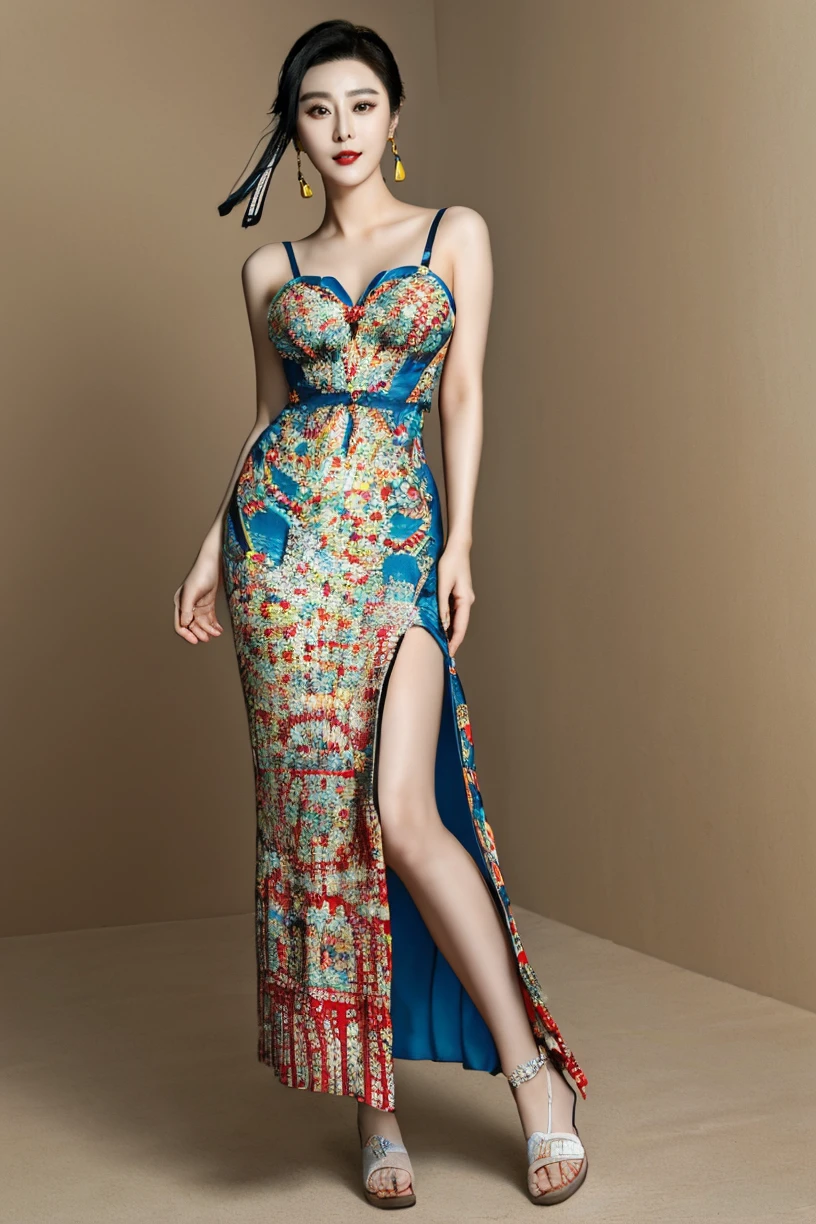 (masterpiece,best quality,ultra high res:1.1),(photo-realistic:1.1),(beautiful face,exquisite face,skin texture:1),
wet skins,(Bohemian_printed_dress:1.4),(Strappy_sandals:1.3),(Feather_earrings:1.2),
1girl is chinese actress fan bingbing,<lora:fbb_sd15_2_-000005:1>,fbb,red_lips,22yo,front light,race queen,
