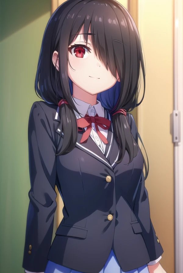 kurumitokisaki, <lora:kurumi tokisaki s2-lora-nochekaiser:1>,
kurumi tokisaki school uniform, (tokisaki kurumi:1.2), long hair, skirt, black hair, (red eyes:1.3), long sleeves, ribbon, school uniform, jacket, pleated skirt, bag, (hair over one eye:1.5), blue skirt, blazer, school bag, black blazer, smile,
BREAK ,
BREAK indoors, classroom,
BREAK looking at viewer, (cowboy shot:1.5),
BREAK <lyco:GoodHands-beta2:1>, (masterpiece:1.2), best quality, high resolution, unity 8k wallpaper, (illustration:0.8), (beautiful detailed eyes:1.6), extremely detailed face, perfect lighting, extremely detailed CG, (perfect hands, perfect anatomy),