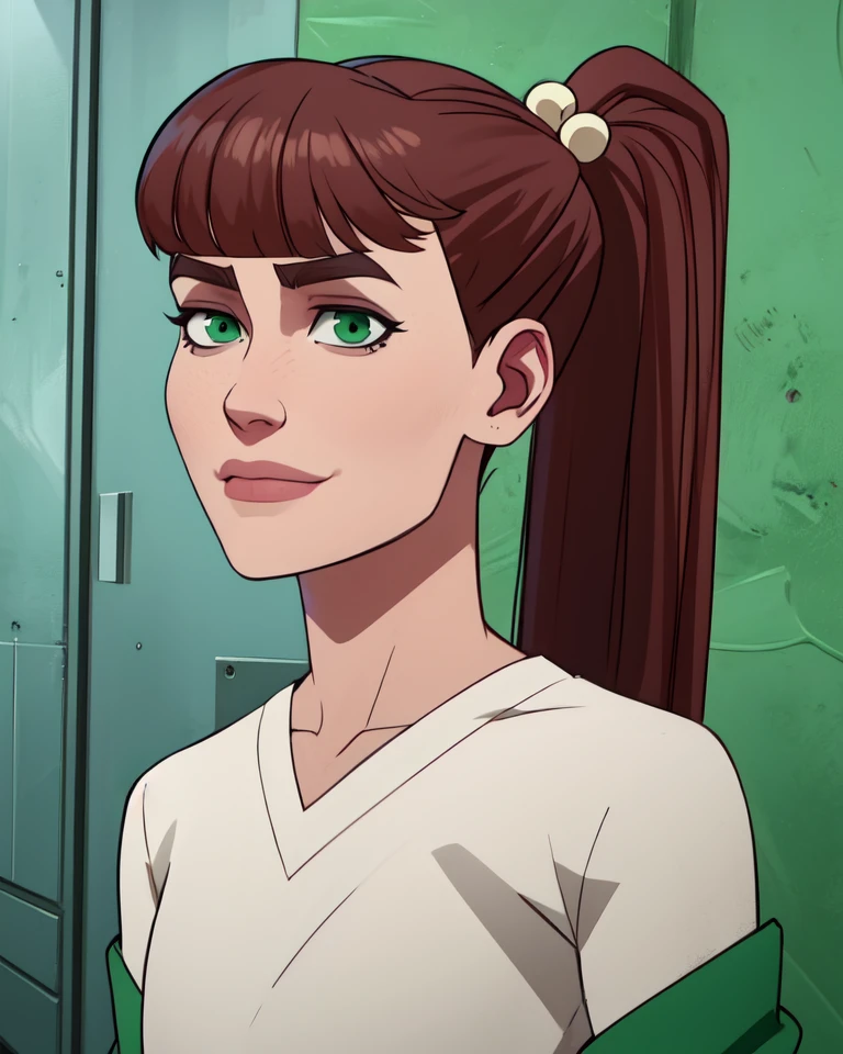 monsg,ponytail,bangs,hair bobbles,green eyes,
white large shirt,green pants,flat chest,
standing,upper body,smirk,
white walls,
(insanely detailed, beautiful detailed face,beautiful detailed eyes, masterpiece, best quality),<lora:MonsterGirl-10IV2:0.8>,