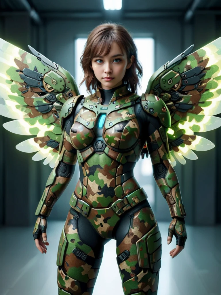 (best quality, masterpiece, colorful, dynamic angle, highest detailed)upper body photo, full body photo, fashion photography of cute mechangel, glowing 4 wings, solo, glowing armor, glowing halo, building, glowing mechanical 4 wings (intricate details, hyperdetailed:1.15), detailed, light passing through hair, (official art, extreme detailed, highest detailed), ral-camo <lora:ral-camo-sdxl:1>