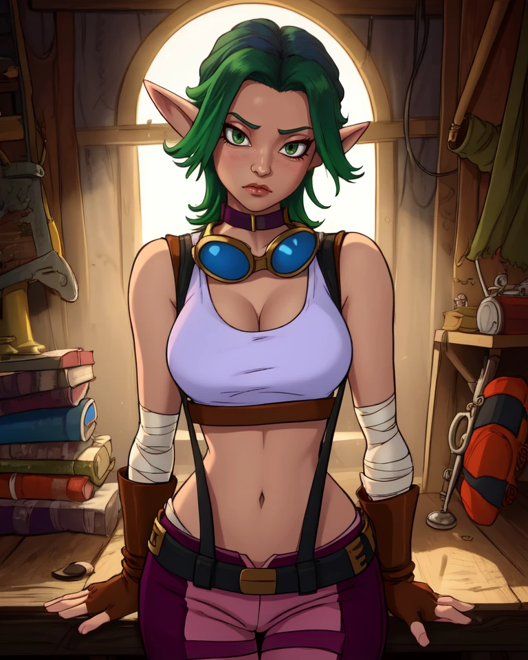 Kiera,green hair,pointy ears,green eyes,two-tone hair,standing,
cleavage,goggles around neck,suspenders,crop top,belt,bare shoulders,bandages,pants,midriff,brown fingerless gloves,
fantasy,repair shop,indoors,
(insanely detailed, beautiful detailed face, masterpiece, best quality) cinematic lighting,solo,<lora:Kiera-10JD7:0.8>,