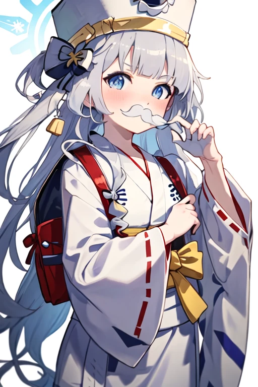 best quality, masterpiece, highres, solo, {yukata:1.40}, {kimono:1.20}, {cherino_bluearchive:1.15}, long_hair, blue_eyes, white_hair, bangs, halo, blush, fake_facial_hair, fake_mustache, ribbon, hat