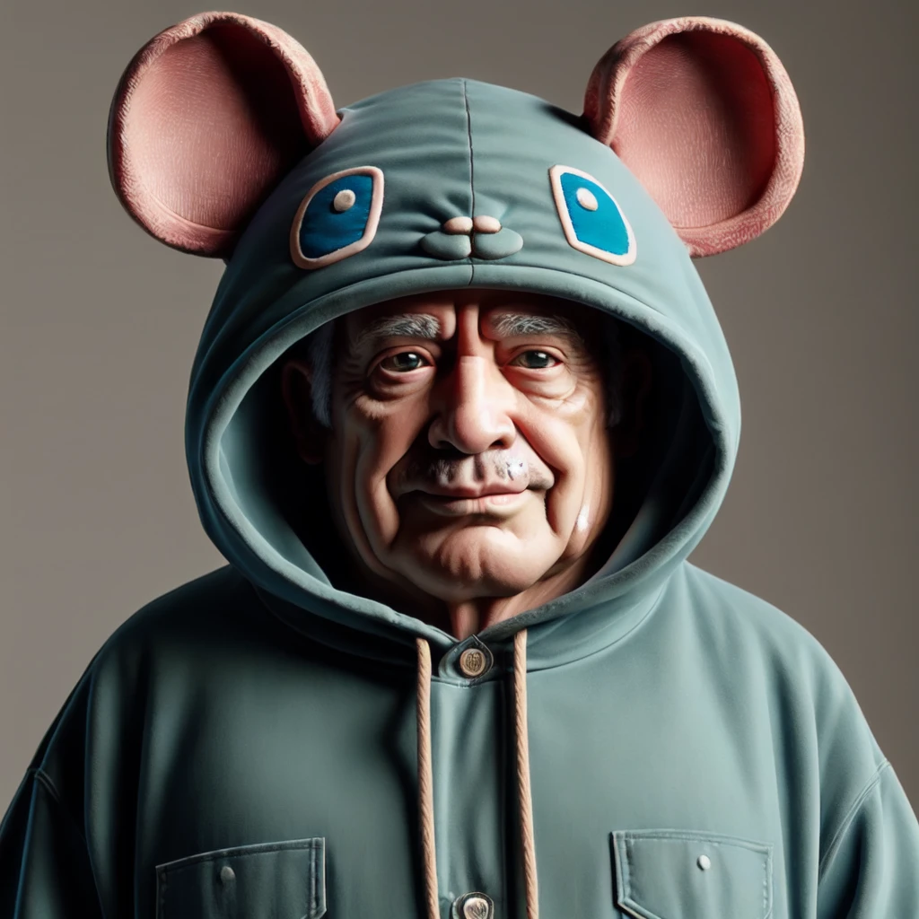 <lora:animal_hood_v1:0.7>, animal_hood, old man, ANHD, fat rat, blue costume, realistic