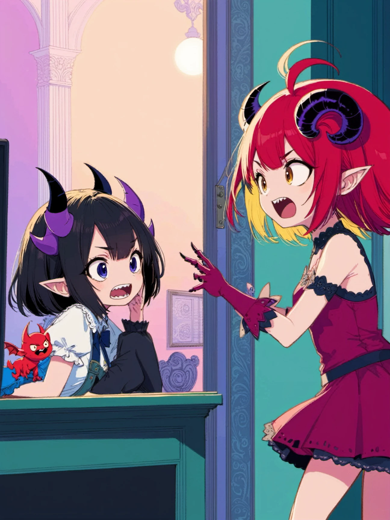 best quality, aesthetic,anime,1girl, Design a mischievous imp, with small horns, a playful demeanor, and a penchant for causing trouble.