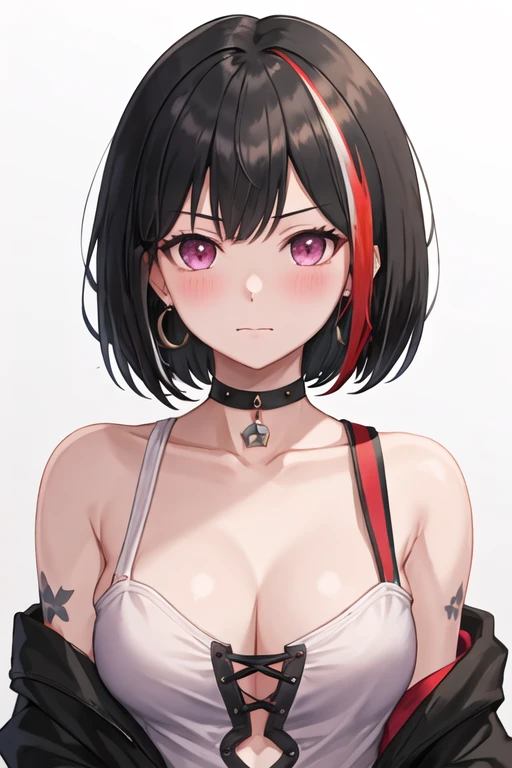best quality, masterpiece, highres, solo, {mitake_ran_bangdream:1.15}, black_hair, red_hair, multicolored_hair, streaked_hair, short_hair, bangs, blush, bob_cut, purple_eyes, breasts, collarbone, red_eyes, 1girl, black_choker, choker, collared_shirt, looking_at_viewer, shirt, white_background, white_shirt, closed_mouth, jewelry, earrings, portrait, simple_background, upper_body