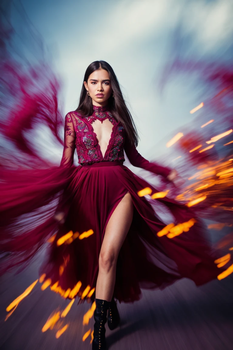 Film still, cinematic, fashion editorial portrait of a woman, full body, long straight hair, motion blur, slow shutter speed, bokeh, shot on film, sharp focus, shot on canon, vibrant tones, colorful, detailed skin texture, detailed eyes, explosive color,