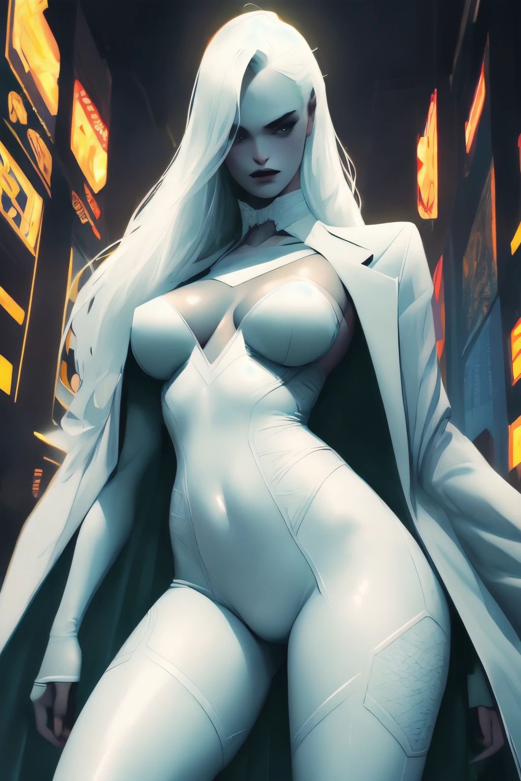 (masterpiece, the work of a master, award winning artwork, lifelike details, sharp details, detailed illustration, on bright white poster paper, absurd details, absurdes, insanely detailed, details of details), (futuristic girl in (revealing:1.6) (skin tight:1.6) body suit) and (trench coat), unreal beauty, exquisite beauty, beautiful beyond words, (highly (sexualized:1.2) medium breasts in exquisite detail:1.2), in 1960s haute couture<like hfashion outfit>, (elegant long white hair, highly detailed hair:1.2), legendary sex appeal, perfect black eyes) in dystopian utopian city of the future, retro futuristic, (surreal art by Syd Mead:1.2), haze, darkness, cirque du soleil, fog hangs, dank, the silhouettes of cloaked figures emerge from the fog), eye candy, vignette effect, dynamic pose, cinematic lighting, rebirth, her looks are her super power, trending on artstation