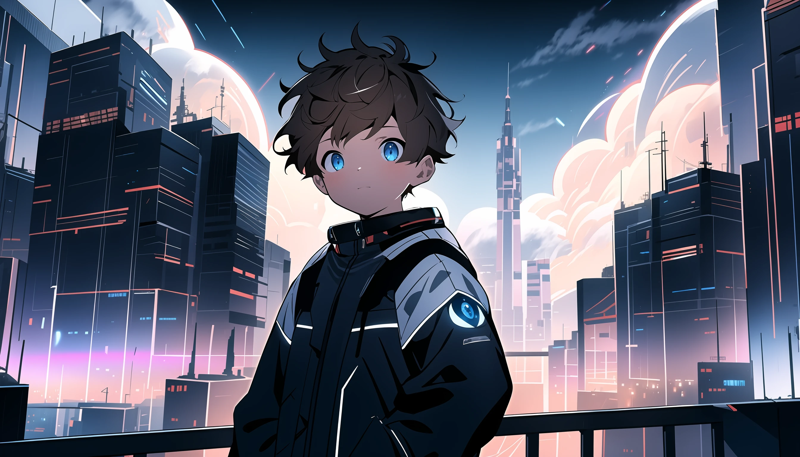 (masterpiece),(best quality),(ultra detailed),highres,facing viewer,(from front:1.3),(1boy,male child),blue eyes,brown hair,night city,science fiction,(upper body:1.3),outdoors,<lora:shota_ninji_v0.2:0.9>,
