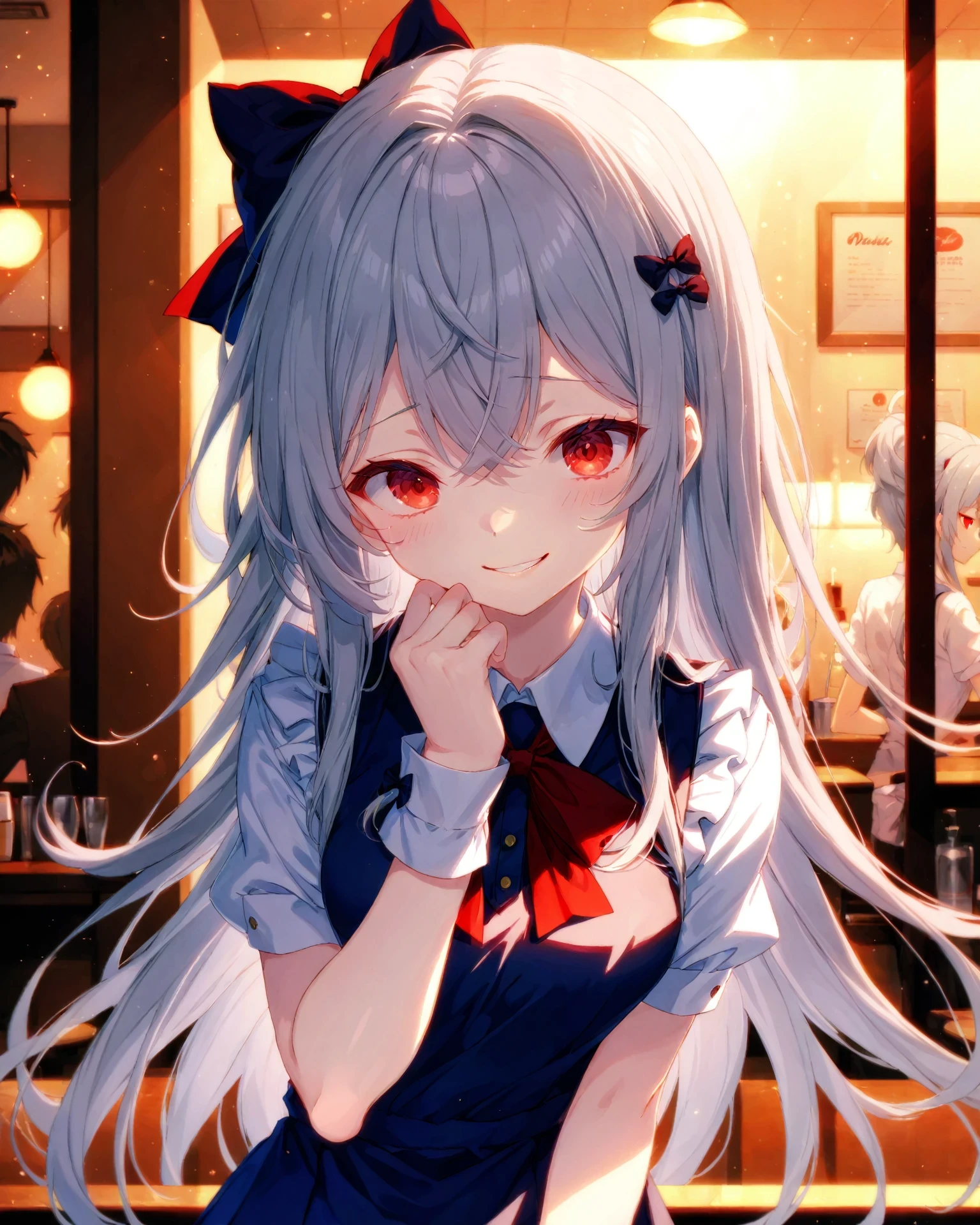 anime style, evening, close to viewer, looking outside, 1girl, solo, gray hair, split-color hair, very long hair, messy hair, bow-shaped hair, parted bangs, red eyes, smirk, OOTD, waitress, dynamic, stroking own chin, shadow, ambient occlusion, bloom effect, soft lighting, dynamic lighting, Tyndall effect, dappled light, sharp, aesthetic, best quality, extremely high quality, high quality, ultra quality, superb quality, amazing quality, full hd, 1080p, 4k