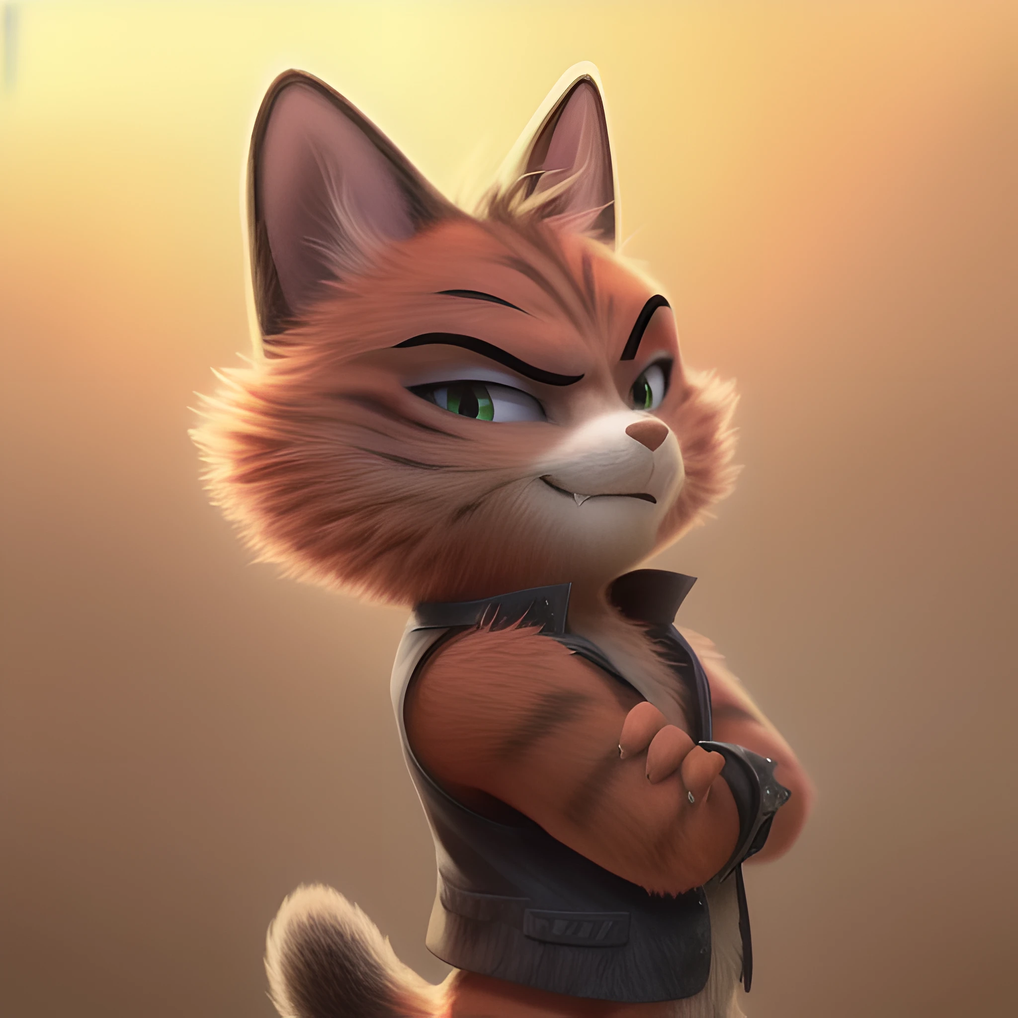 mammal, furry, not human, solo, hi res, absurd res, digital media \(artwork\), 1:1, 2023, simple background, solo focus, shaded, portrait, fur, male, looking at viewer, anthro, short stack, biped, boss, orange fur, striped fur, green eyes, sleeveless jacket, black jacket, jewelry, wristwear, crossed arms, smirk, raised eyebrow , full-length portrait, side view, black eyeliner, makeup <lora:BossRock_Lora-10:0.7> <lora:add_detail:1>