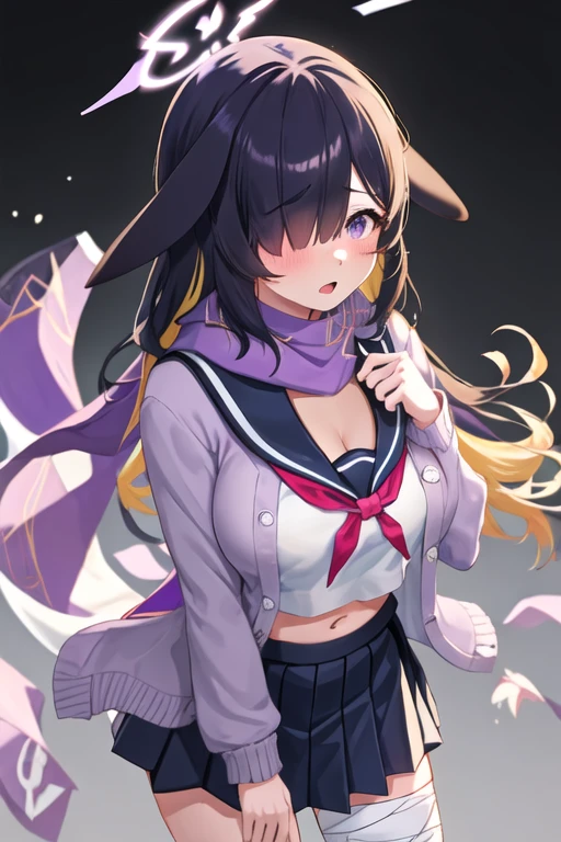 best quality, masterpiece, highres, solo, {tsukuyo_bluearchive:1.15}, long_hair, bangs, blush, hair_over_one_eye, purple_eyes, animal_ears, halo, multicolored_hair, breasts, colored_inner_hair, large_breasts, black_hair, rabbit_ears, blonde_hair, purple_hair, serafuku, 1girl, looking_at_viewer, school_uniform, simple_background, skirt, white_background, bandaged_leg, bandages, white_serafuku, cardigan, long_sleeves, neckerchief, pleated_skirt, sailor_collar, scarf, long_bangs, purple_scarf, red_neckerchief, cleavage, open_clothes, blue_skirt, navel, open_mouth
