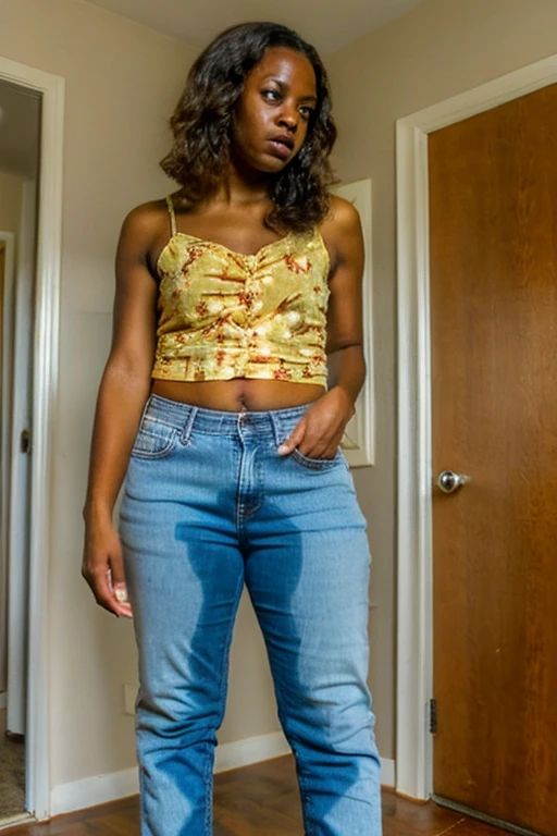 photo, woman, african american, ((peeing self)), standing, skinny jeans, worried, hand between legs, looking at camera, inside <lora:CombinedPeeingSelf-08:1>