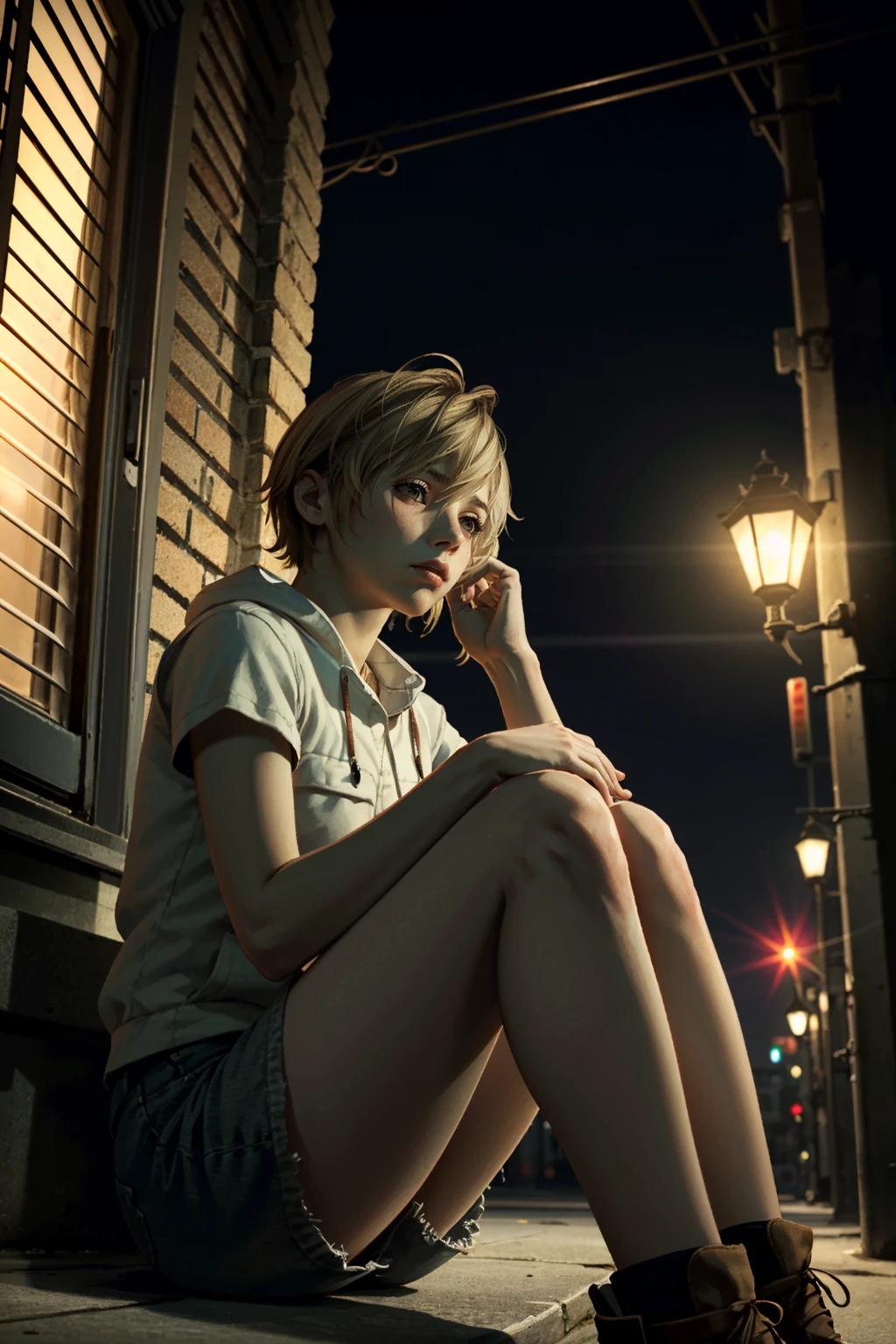 ((ultra detailed, masterpiece, best quality))
<lora:SH3Heather:0.8>
SH3Heather, 1girl, solo, Under the soft glow of street lamps, urban chic attire, contemplative expression while sitting on a fire escape, capturing the essence of a city night