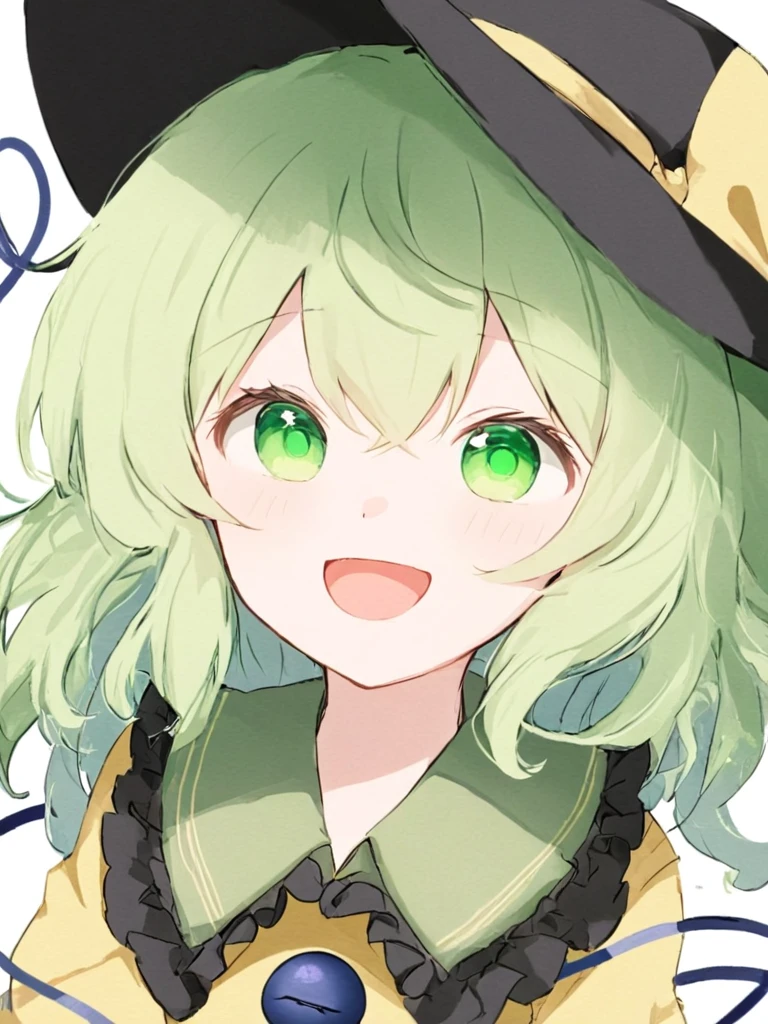<lora:夿尿:1>,1girl, solo, hat, komeiji_koishi, green_eyes, green_hair, shirt, yellow_shirt, open_mouth, black_headwear, smile, upper_body, white_background, looking_at_viewer, simple_background, ribbon, frills, hat_ribbon, yellow_ribbon, third_eye, frilled_shirt_collar, bangs