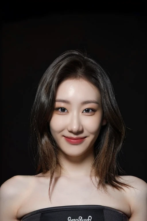 Best quality, masterpiece, ultra high res, (photorealistic:1.4), (((strapless))), raw photo, 1girl, solo, realistic, (looking at viewer), upper body, ((plain black background:1.5)), bare shoulders, smile, ((black hair)), <lora:chaeryeonglorashy:1>