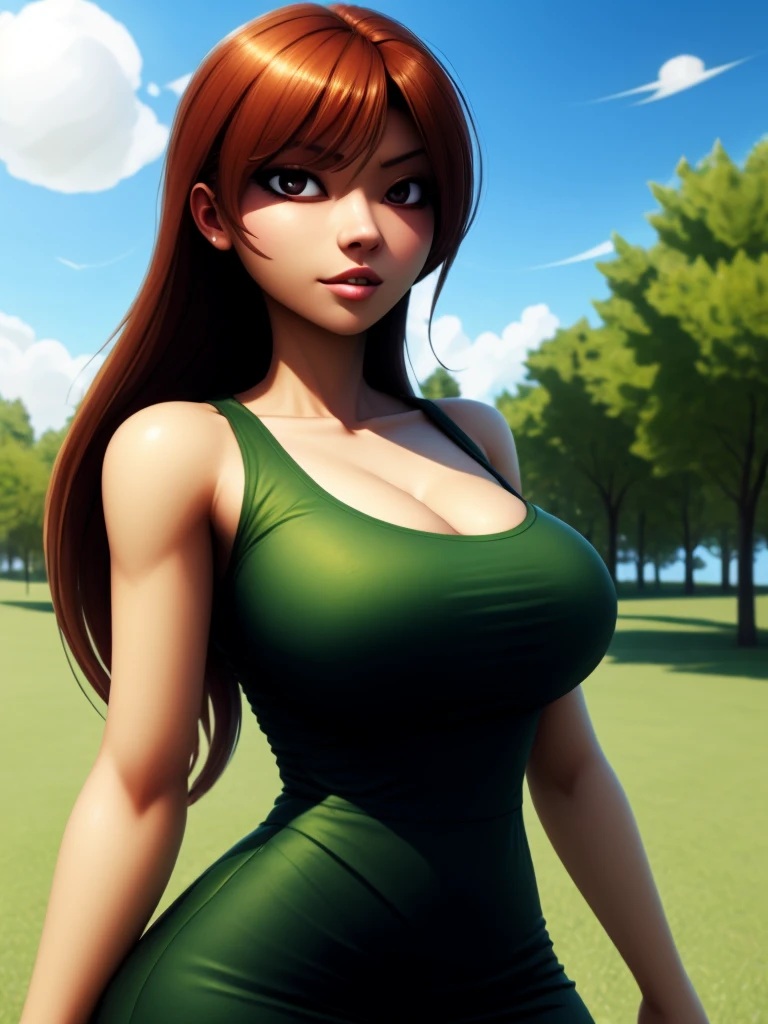 human woman, dress, outdoors, park, TGJ, expert shading, no lineart, soft shading,