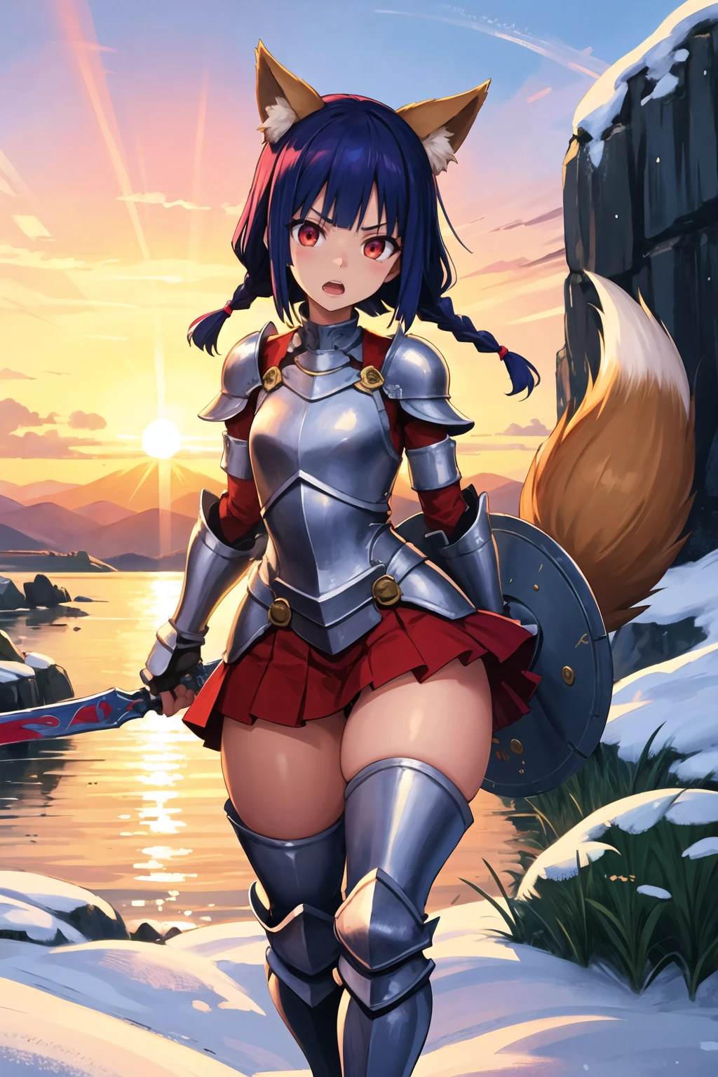 masterpiece, best quality, 1girl, solo, standing, (blue hair), red eyes, angry, disgust, glowing eyes, open mouth, long hair. side braid, bob cut, (small breasts), fox ears, fox tail, fox girl, (wide hips), (thick thighs),
BREAK
knight armor, knightess, knight, armor pants, knight chesplate, amored skirt, shining sword, armored boots, plate armor, , fully clothed
BREAK
outdoors, (sunset:1.2), beautiful light, mountains, snowy mountains
<lora:SeN-Style_99422:1>