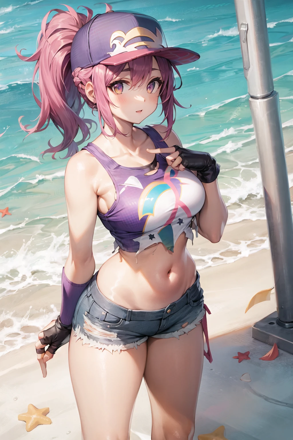 1 anime girl with purple hair, on the beach 1girl, solo, ((smile)), cute, green eyes, petals, pink hair, looking at the viewer ((tensure)), ((last)), wearing a bikini short, side ponytail, toned legs, thick muscular thighs, thin waist, muscular belly, standing, barefoot, 8K, ultra realistic