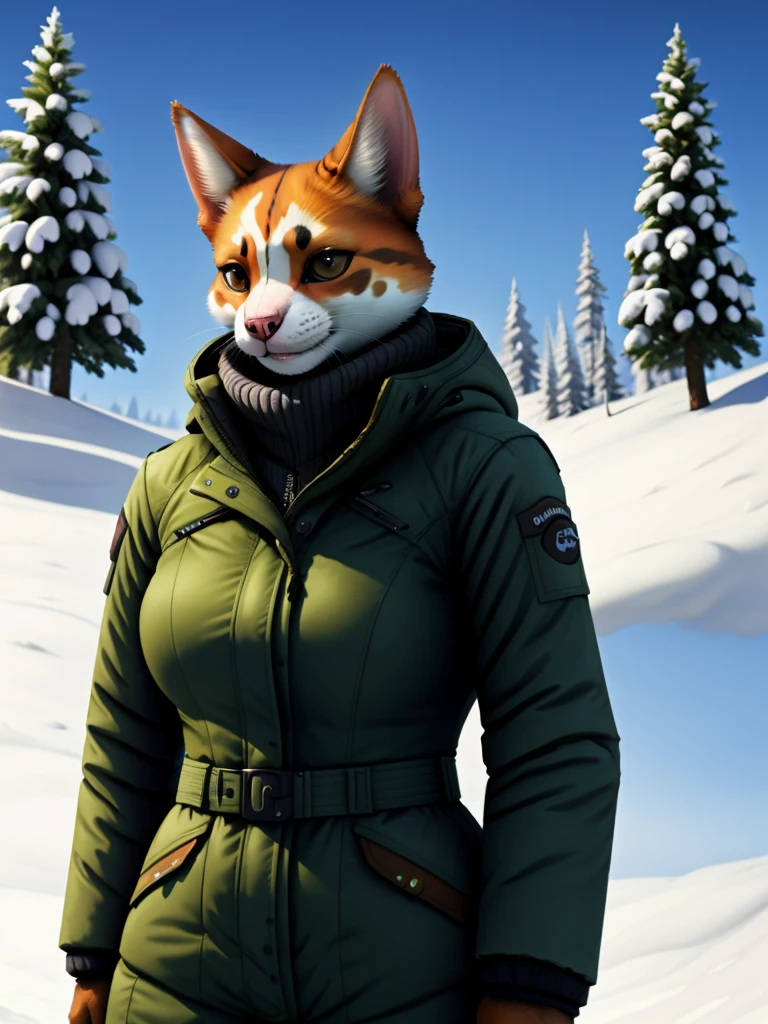 calico cat woman, body fur, snow, jacket, winter, outdoors, TGJ, expert shading, no lineart, soft shading,
