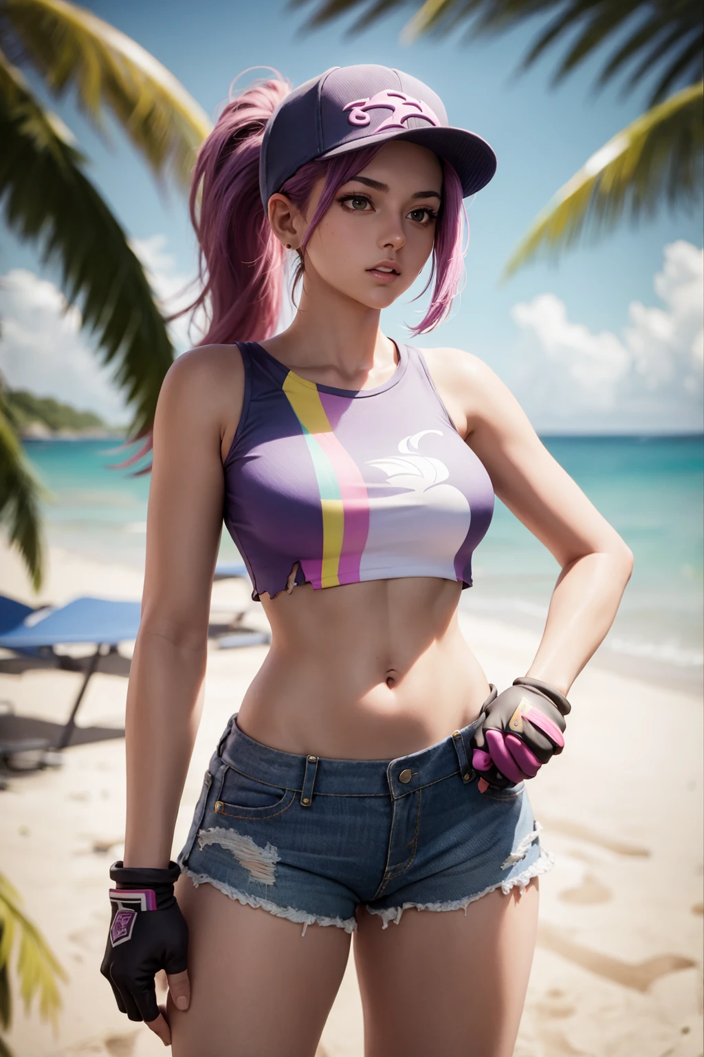 (masterpiece:1.2), (best quality:1.2), 1girl, <lora:BeachBomber:1>, BeachBomber, standing, purple hair, ponytail, baseball cap, crop top, midriff, navel, short shorts, torn clothes, fingerless gloves, on a beach