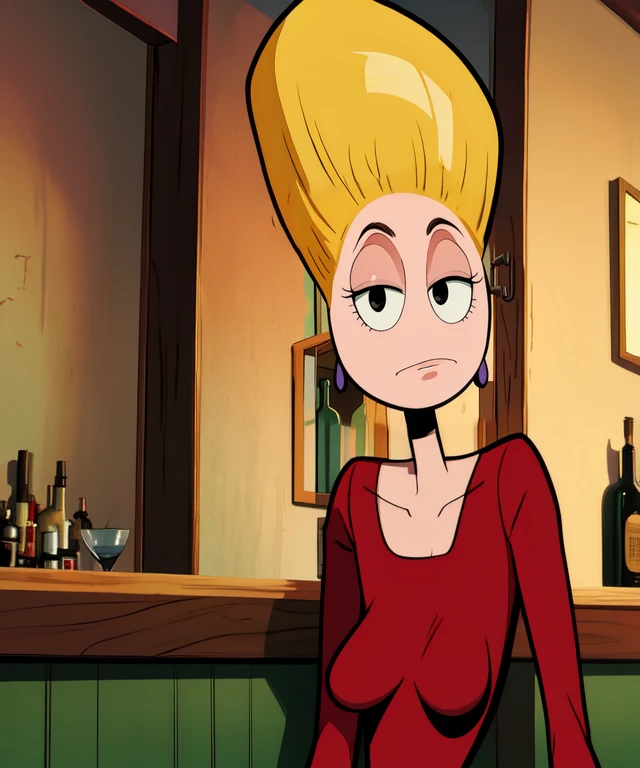 Piklez,upward hair,large blonde hair,black eyes,bored expression,
red dress,earrings,
upper body,standing,
bar,sitting,
(insanely detailed, beautiful detailed face, masterpiece, best quality)solo,<lora:Pickles-10TO:1>,