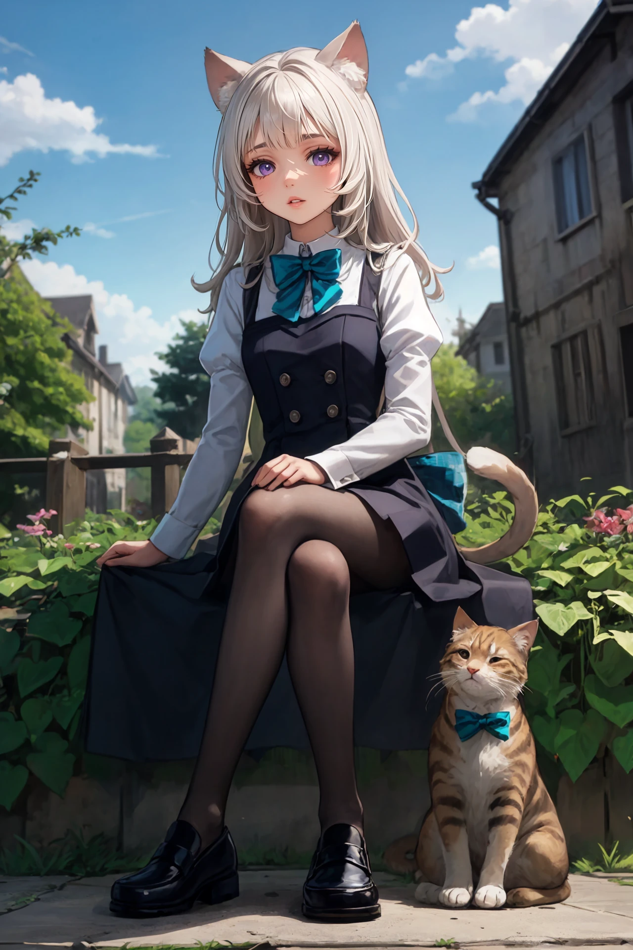 masterpiece, best quality, solo, 1girl, (full body:1.5), parted lips, (sitting:1), (legs crossed:1.5), french town, outdoors, <lora:Genshin_Lynette_Young_v3-000060:0.6>, long hair, long sleeves, black dress, black vest, collared shirt, teal bow, cat ears, parted lips, purple eyes, cat tail, grey hair, grey pantyhose, black loafers, puffy sleeves, bowtie, teal plaid skirt, pleated skirt, black skirt, foot dangling,