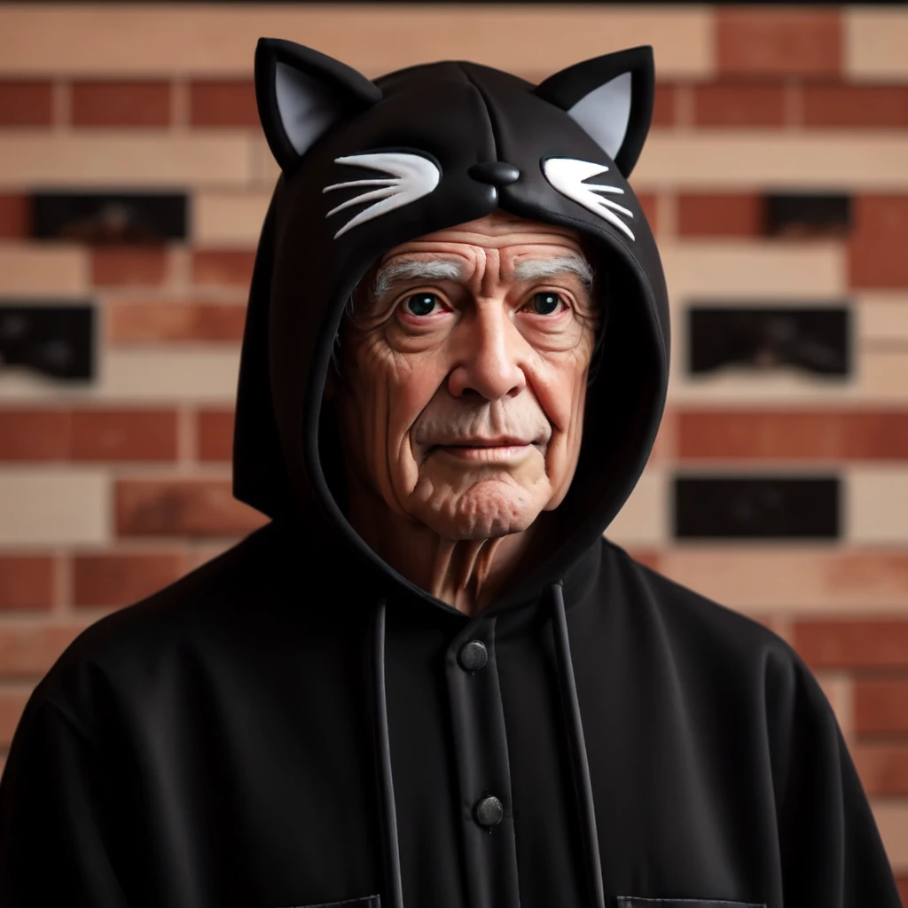 <lora:animal_hood_v1:0.5>, animal_hood, old man, ANHD, black cat costume, realistic