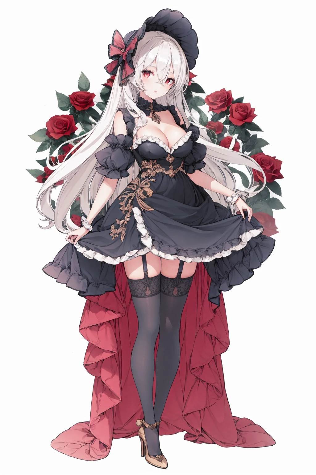 1girl, solo, flower, rose, dress, long hair, frills, breasts, cleavage, full body, thighhighs, garter straps, red flower, red rose, frilled dress, high heels, white hair, standing, looking at viewer, detached collar, red eyes, bangs, hair between eyes, hat, white background, bonnet, white thighhighs, short sleeves, pink hair, pink eyes, hat flower, very long hair, puffy sleeves, bow, detached sleeves, medium breasts