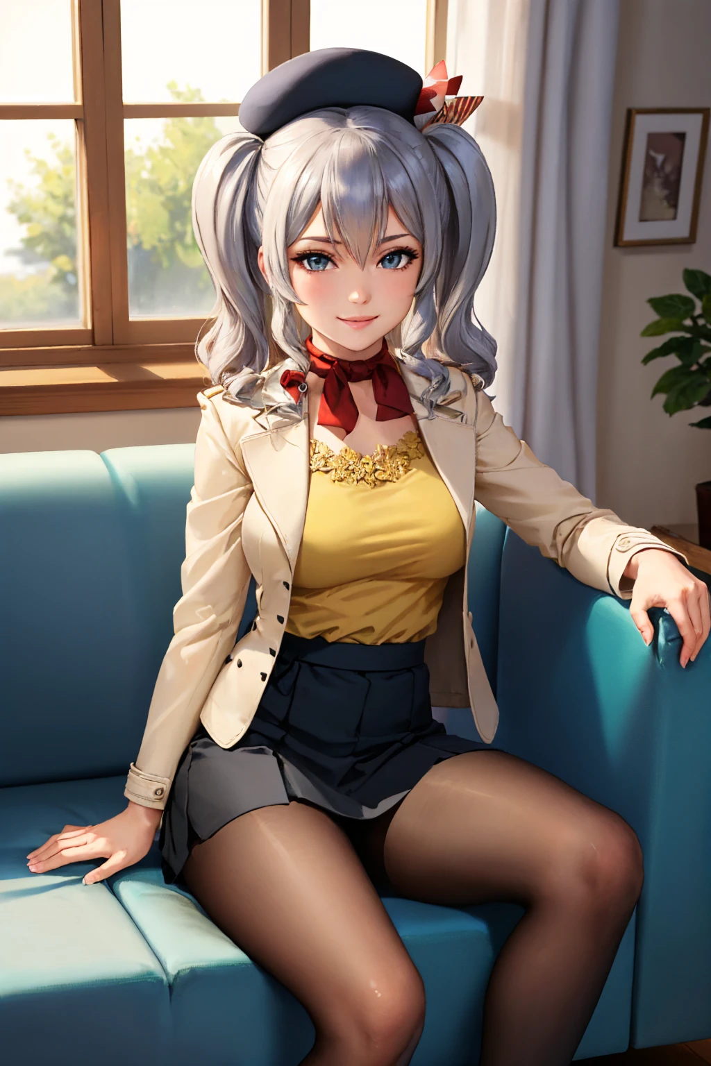 (masterpiece, best quality:1.2), solo, 1girl, kashimamitsukoshi, smile, looking at viewer, sitting, couch, twintails, beret, jacket, yellow shirt, skirt, black pantyhose, indoors <lora:kancolle_kashima-10:1>