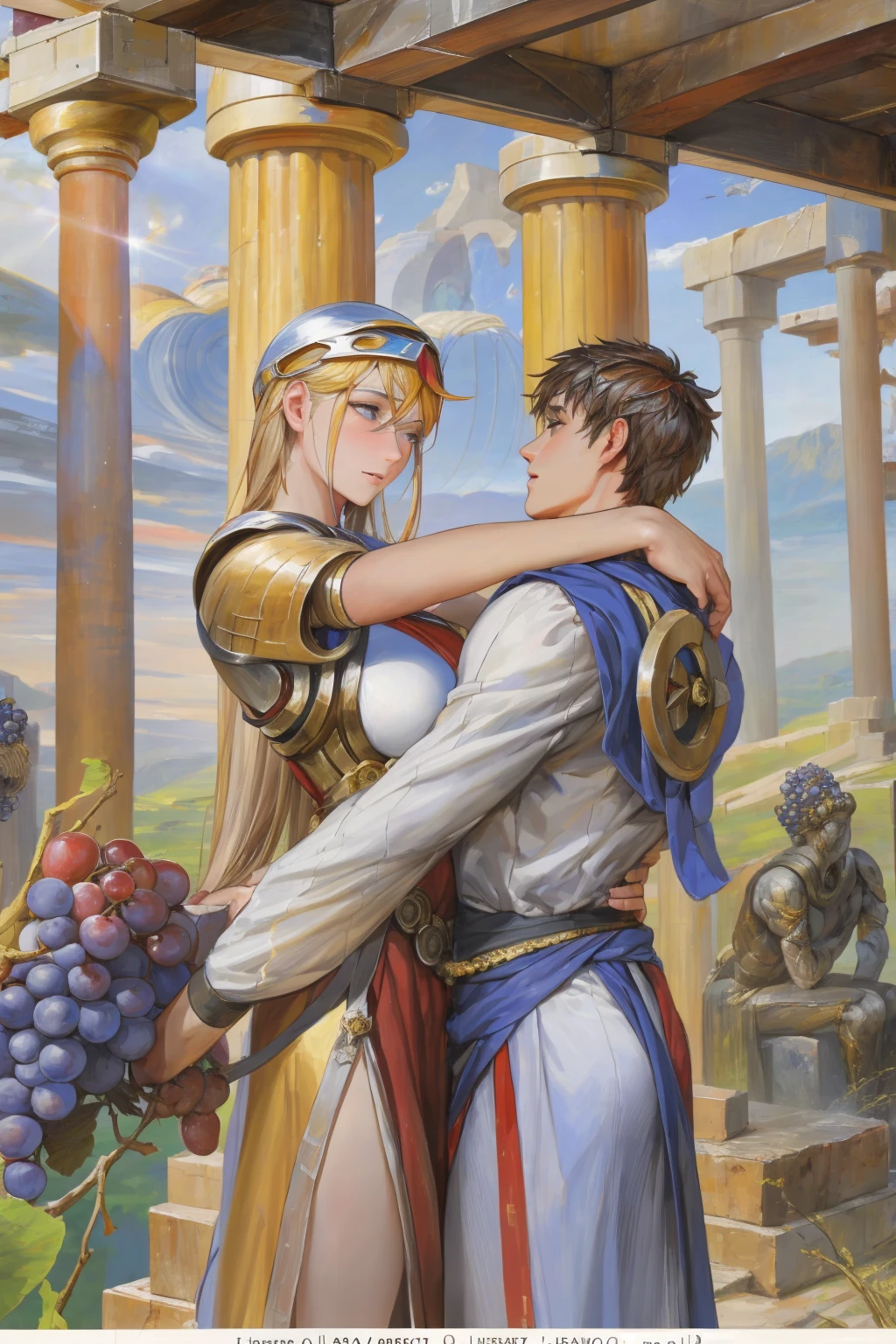 iuui, nababa, takayama toshiaki, masterpiece, best quality, ancient greece, 1boy, 1girl, hetero, zeus, athena, embracing, eye contact, romantic, grapes, greek columns, tunic, manly, large breasts, romantic, light rays, mount olympus