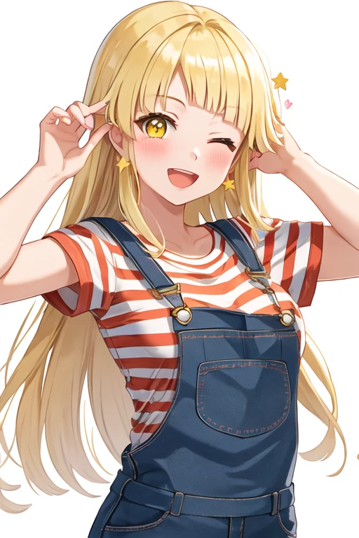 best quality, masterpiece, highres, solo, {tsurumaki_kokoro_bangdream:1.15}, blonde_hair, bangs, long_hair, yellow_eyes, smile, blush, open_mouth, :d, 1girl, ;d, breasts, looking_at_viewer, one_eye_closed, red_shirt, shirt, short_sleeves, striped, striped_shirt, v, medium_breasts, overalls, upper_body, armpit_peek, orange_background, outline, sidelocks, simple_background, star_\(symbol\), white_outline