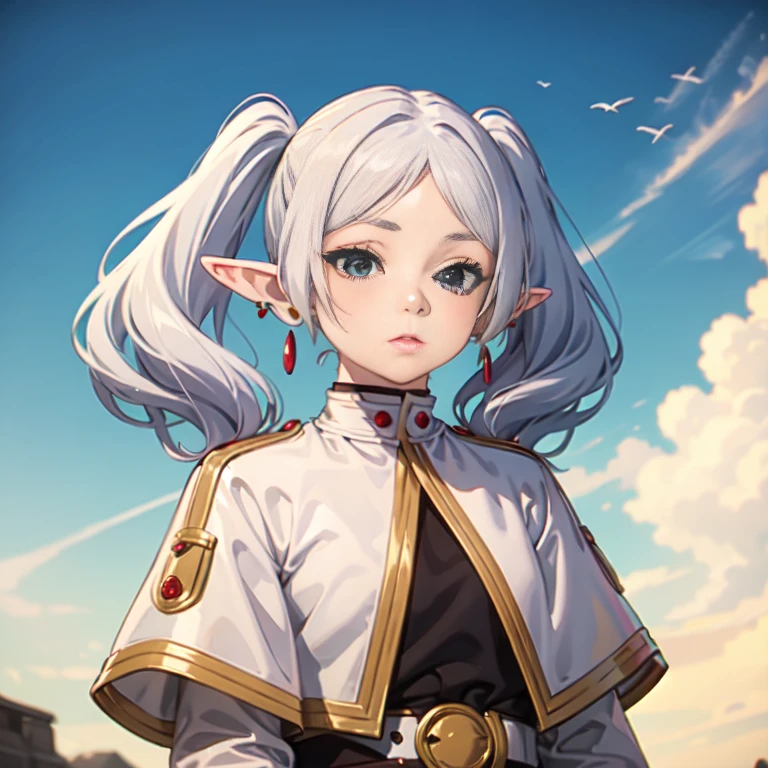 best quality,masterpiece,
ffl\(frieren\),1girl,solo,white hair,twintails,pointy ears,earrings,white capelet,long sleeves,