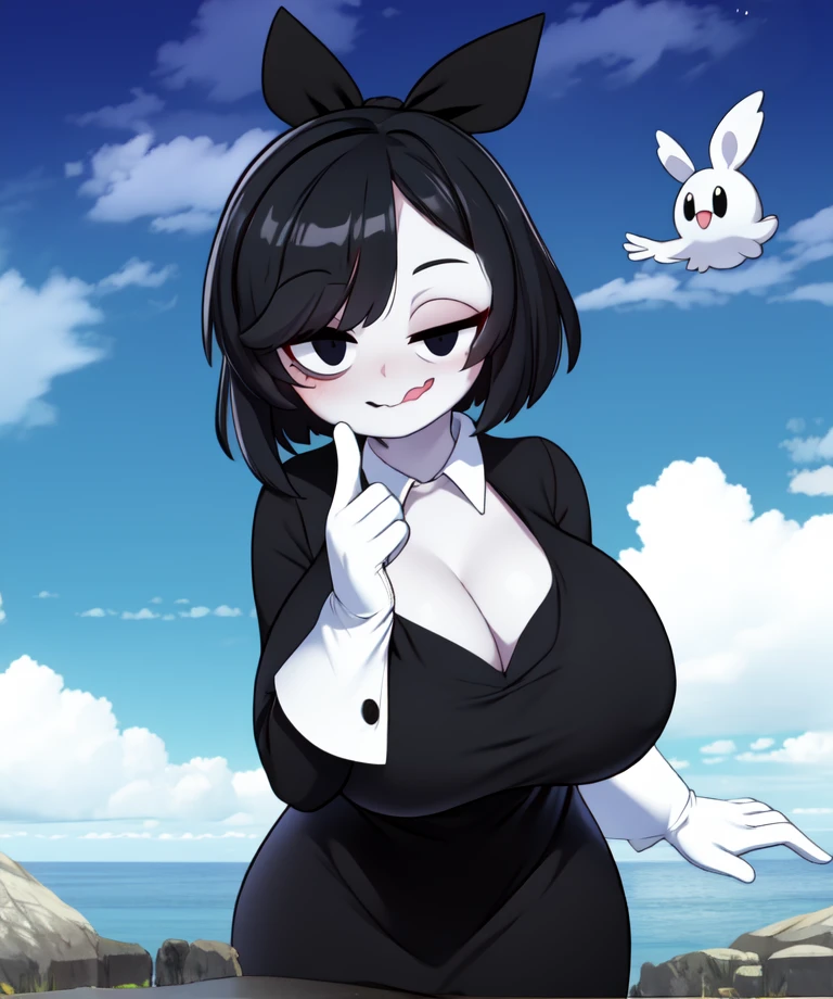 Susie,short hair,bags under eyes,pale skin,wavy mouth,black eyes,(right eye half closed),(left eye open:1.3),
black dress with white collar,black long sleeves,white gloves,black hair ribbon,cowboy shot,smile,
standing,upper body,
night,cloudy,
(insanely detailed, beautiful detailed face, masterpiece, best quality),solo,<lora:Susie-10TO:0.8>,