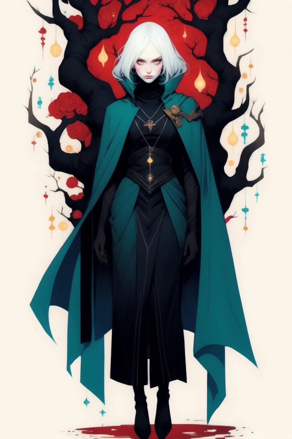 full body image of a chibi:1.5 woman with a white hair and a red eye, concept art of a dark forest, scp-049, blue cloak, an exhausted deity, inspired by Christopher Balaskas, looming over you, leblanc, faceless, loosely cropped, chiffon, thin strokes, fractured, speedpainting