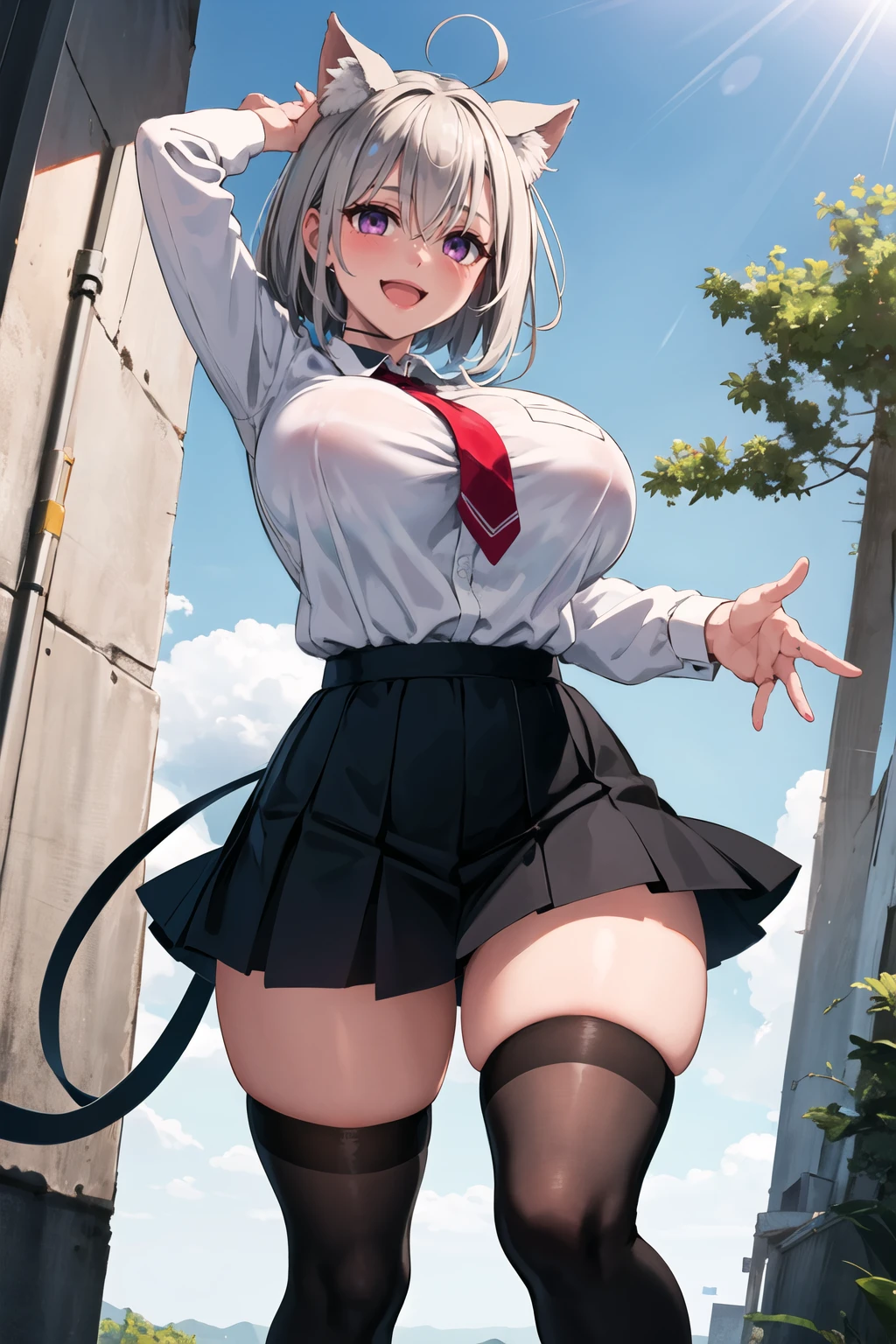 1girl,(solo),gigantic breasts, wide hips, thick thigs,dynamic pose, school uniform, black skirt, white shirt, red necktie, thighhighs, black choker, smile, :d, white hair, purple eyes, cat ears, short hair, extremely detailed eyes, (huge breasts:1.2)   <lora:Hiroshi-Style-RC_beta:1>